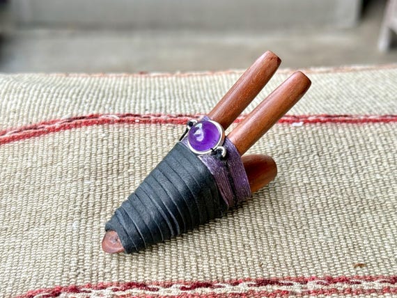 Double Kuripe with Amethyst, Traditional Shamanic Applicator Pipe, Hand Crafted from Natural Sawo Wood