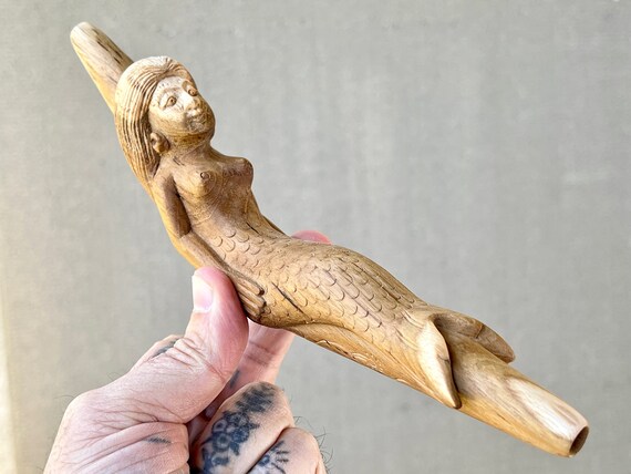 Mermaid Tepi Pipe, Shamanic Applicator Pipe, Hand Carved from Solid Teak Wood