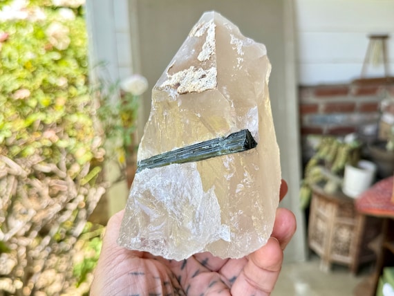 Quartz with Blue-Green Tourmaline, 1.1 Kilo, Old Find, Heart Chakra, São José da Safirá, Minas Gerais, Brazil W293