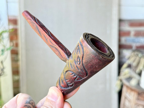 Shipibo Mapacho Pipe with Jaguar, Hand Carved Wooden Tobacco Pipe for Shamanic Ceremony, Made In the Amazon, Iquitos, Peru