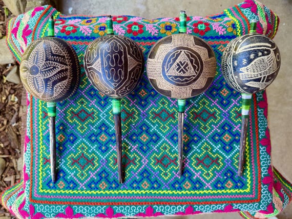 Shaman Rattle from Peru, Large Shipibo Gourd Rattle for Shamanic Ceremony, Handmade in Pucallpa