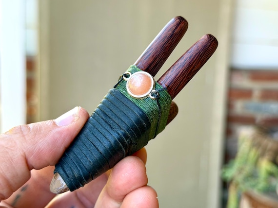 Double Kuripe with Pink Sunstone, Traditional Shamanic Applicator Pipe, Handcrafted from Natural Tamarind Wood