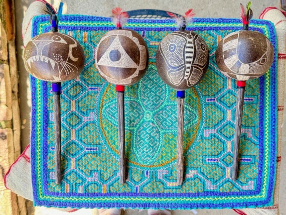 Shipibo Rattle with Jaguar/Condor, Chakana, Butterfly or Snake, Traditional Gourd Rattle for Shamanic Ceremony, Made In the Peruvian Amazon