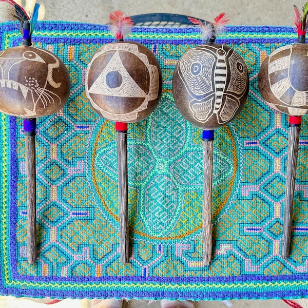 Shipibo Rattle with Jaguar/Condor, Chakana, Butterfly or Snake, Traditional Gourd Rattle for Shamanic Ceremony, Made In the Peruvian Amazon