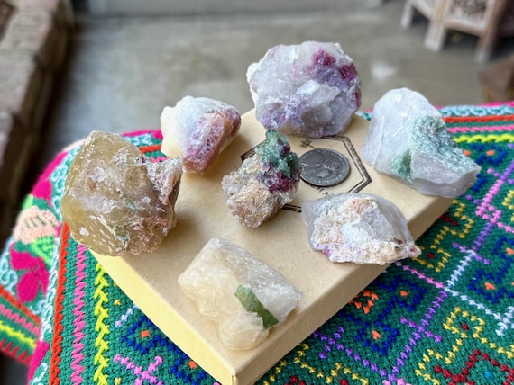 Unicorn Stone Quartz Lot, Citrine, Pink & Green Tourmaline, 7 pcs, Coronel Murta, Minas Gerais, Brazil WS225