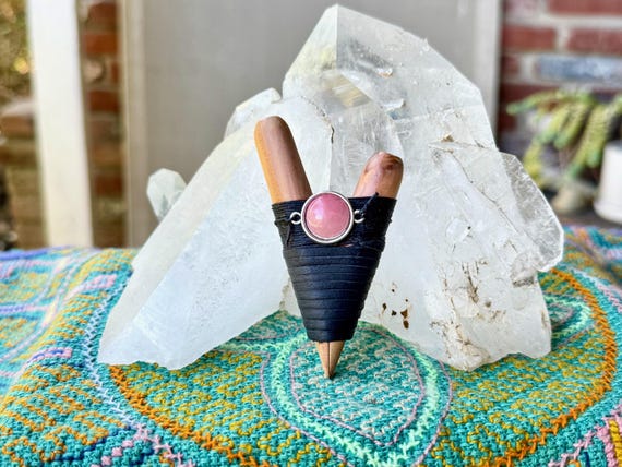 Kuripe, Natural Wood Kuripe with Pink Rhodonite, Handcrafted Shamanic Self-Applicator Pipe
