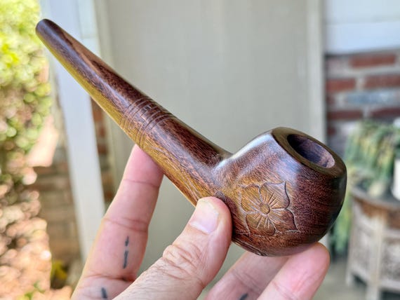 Shaman Pipe with Flower & Vine, Traditional Solid Wood Tobacco Pipe, Hand Carved from Dark Tamarind Wood