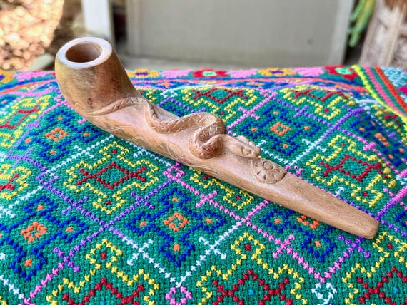 Shaman Serpent Pipe, Traditional Wood Tobacco Pipe for Shamanic Ceremony, Hand Carved Ceremonial Pipe with Snake