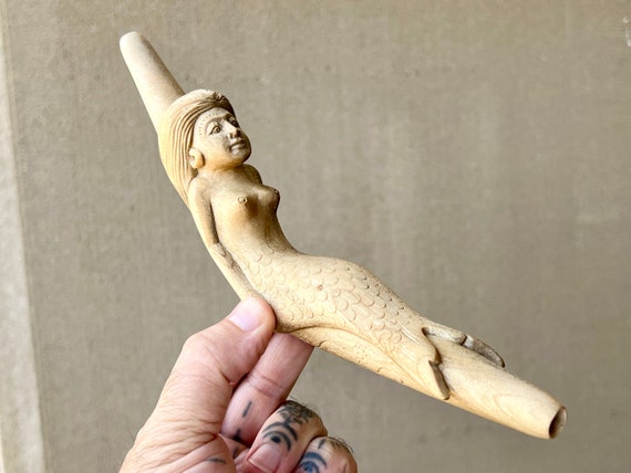 Mermaid Tepi, Solid Wood, Single Block Tepi, Hand Carved Shamanic Applicator Pipe for Ceremony
