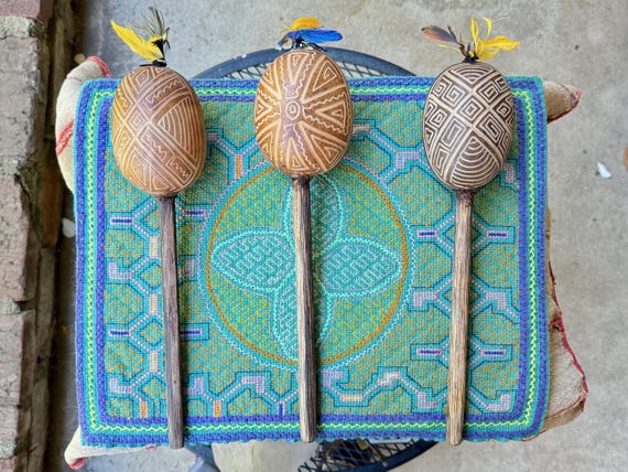Shipibo Gourd Rattle from the Peruvian Amazon, Large Size Traditional Rattle for Shamanic Ceremony, Made In Iquitos, Peru
