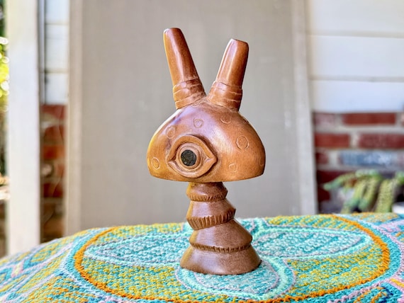 Kuripe - Mushroom Eye Design, Traditional Shamanic Applicator Pipe, Hand Carved from Solid Tropical Hardwood
