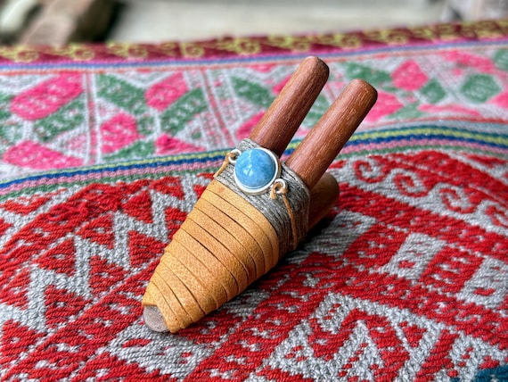 Double Kuripe with Aquamarine, Traditional Shamanic Applicator Pipe, Hand Crafted from Tropical Wood