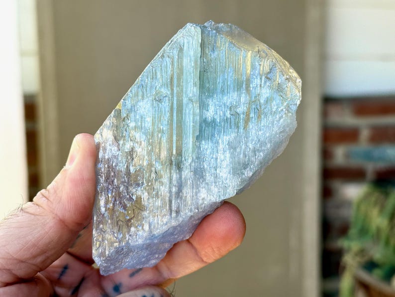 May include: A large, raw, blue-green kyanite crystal held in a hand. The crystal has a layered, fibrous appearance with streaks of gold and a rough, uneven texture. The stone is a natural mineral specimen.