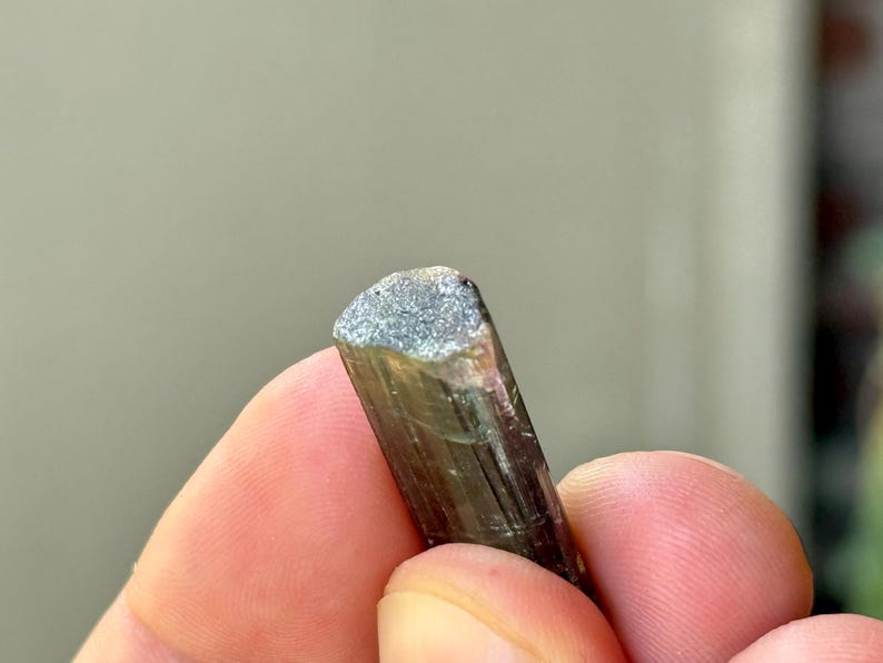 May include: Close-up of a raw, natural tourmaline crystal. The crystal is a dark, translucent green with a textured, gray-blue tip. The crystal is held between fingers, showcasing its natural form and color variations.