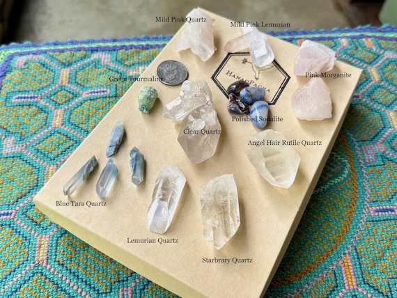 Mixed Quartz Lot with Pink Morganite, Blue Tara Quartz, Green Tourmaline, Lemurian Quartz and More, 17 pcs, Discounted Cleanup Lot WS196