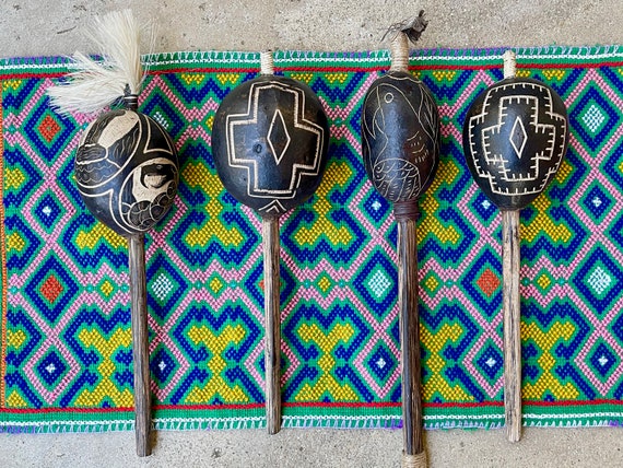 Peruvian Amazon Gourd Rattle, Traditional Shipibo Shaker Instrument for Shamanic Plant Medicine ceremony, Made In Peru