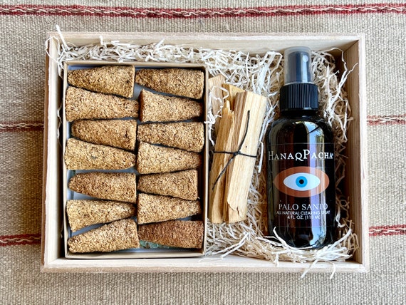 Palo Santo Gift Box with Palo Santo Spray (4 oz), Palo Santo Wood and Incense Cones, 100% All-Natural, Ethically Harvested, Free US Shipping