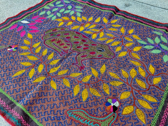 Shipibo Manta Cloth with Frog by Denise Bautista, 26" x 29", Embroidered Shamanic Altar Cloth for Ceremony, Made In Peru