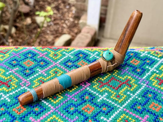 Tepi Pipe with Turquoise, Traditional Shamanic Applicator Pipe, Handcrafted from Natural Teak Wood
