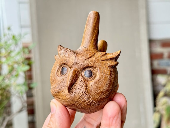 Owl Totem Kuripe, Solid Wood Kuripe, Hand Carved from a Single Block of Dark Teak Wood, Shamanic Applicator Pipe
