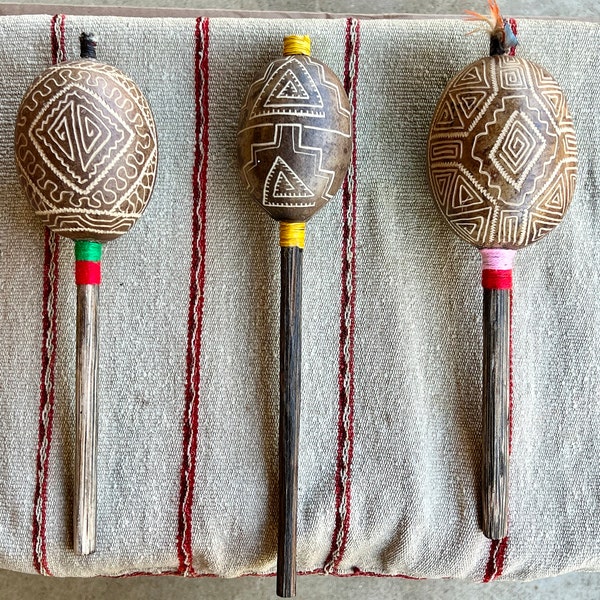 Shipibo Gourd Rattle from the Peruvian Amazon, Traditional Shaman Rattle for Plant Medicine Ceremony, Made In Iquitos, Peru
