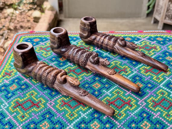Shaman Snake Pipe, Traditional Wooden Tobacco Pipe for Shamanic Ceremony, Hand Carved from Dark Tropical Wood