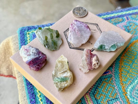 Pink & Green Tourmaline Quartz with Golden Mica, 6 pcs, Unicorn Stone Lot with Vibrant Colors, Minas Gerais, Brazil T127