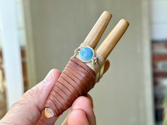Double Kuripe Pipe with Aquamarine, Natural Teak Wood Dual Kuripe, Handcrafted Shamanic Applicator Pipe