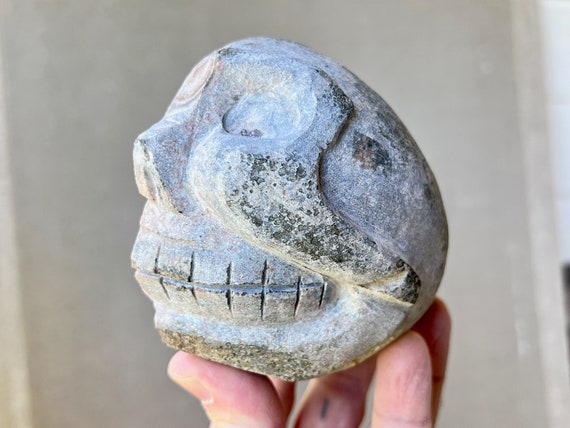 Peruvian Stone Skull, Carved Stone and Smoky Quartz Crystal Skull Geode from Peru, Old Stock, Made in Cusco, Peru PS19