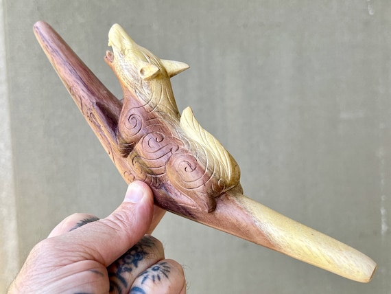 Cosmic Wolf Totem Tepi Pipe, Natural Wood Tepi with Wonderful Detail, Hand Carved from a Single Piece of Two-Tone Wood