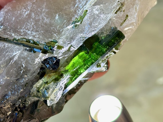 Elestial Smoky Quartz with Green Tourmaline, 620g, Custom Stand Included, Coronel Murta, Minas Gerais, Brazil V314