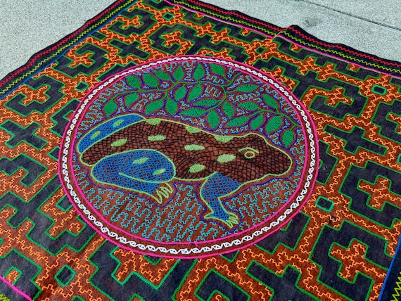 Shipibo Manta Cloth with Frog by Denise Bautista, 25" x 27", Embroidered Shamanic Altar Cloth for Ceremony, Made In Peru
