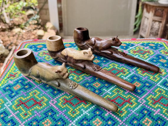 Jaguar Pipe, Traditional Wooden Tobacco Pipe for Shamanic Ceremony, Hand Carved from Tropical Hardwood