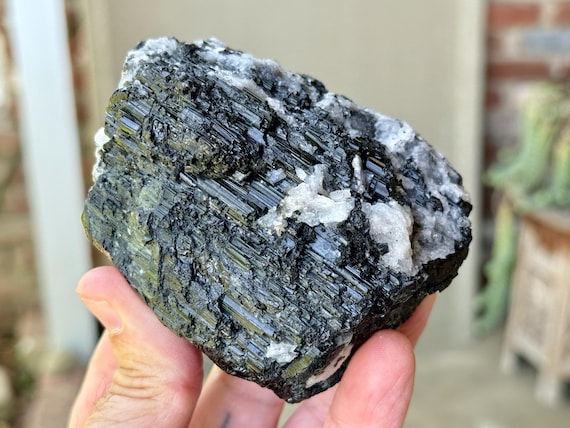 Black Tourmaline, White Albite Inclusions, 590g, Root Chakra, Grounding & Protection, Coronel Murta, Minas Gerais, Brazil V423