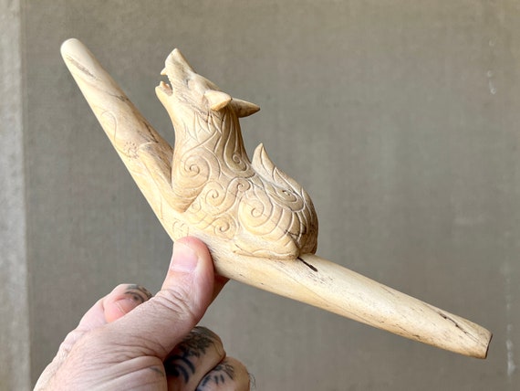 Cosmic Wolf Totem Tepi Pipe, Natural Wood Tepi with Wonderful Detail, Hand Carved from a Single Piece of Crocodile Wood