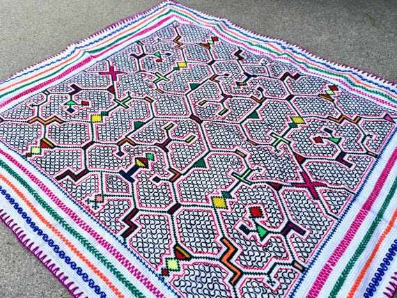 Shipibo Manta Cloth from Pucallpa, Peru, 25" x 28", Embroidered Mesa Cloth for Shamanic Ceremony, Handmade by Artist Laura Rengifo