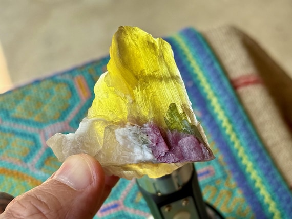 Unicorn Stone with Golden Mica, Pink & Green Tourmaline, Self-Standing, 85g, Coronel Murta, Minas Gerais, Brazil T073