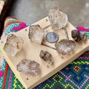 May include: A collection of seven raw, smoky quartz crystals of varying sizes and shapes, arranged on a cardboard box. The crystals range in color from clear to light brown. A dime is included for size reference. The box rests on a colorful, patterned textile.