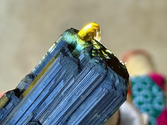 Bicolor Tourmaline with Trigons, Blue & Green Tourmaline with Golden Mica "Flame," 105g, Taquaral, Minas Gerais, Brazil T685