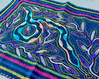 19" x 26" Shipibo Manta Cloth by Maestra Juanita, Icaro for Cumaseba with Serpent, Embroidered Shamanic Cloth for Plant Medicine Ceremony