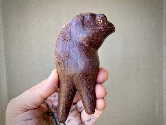 Frog Totem Kuripe, Solid Dark Wood Single Block Kuripe with Expressive Carving, Hand Carved Shamanic Self-Applicator Pipe