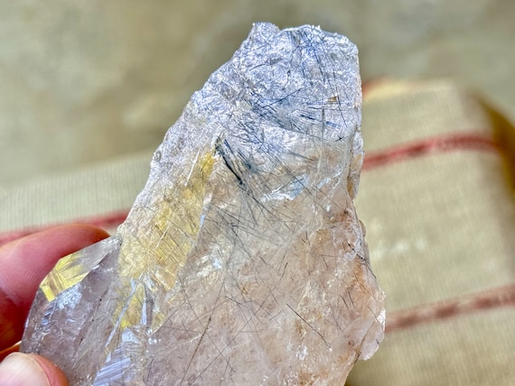 Indicolite Blue Tourmaline Quartz with Mild Citrine Inclusion, 131g, Old Find, Throat Chakra, Jenipapo, Minas Gerais, Brazil R216
