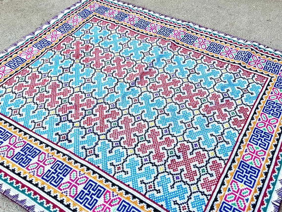 Shipibo Manta Cloth, 24" x 27", Icaro for Piñon Blanco, Embroidered Shamanic Altar Cloth for Plant Medicine Ceremony by Maestra Mathilde
