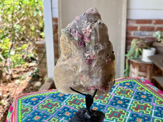 Smoky Cathedral Quartz, Bicolor Green & Pink Tourmaline, 2 Kilo, Custom Stand Included, Coronel Murta, Minas Gerais, Brazil V422