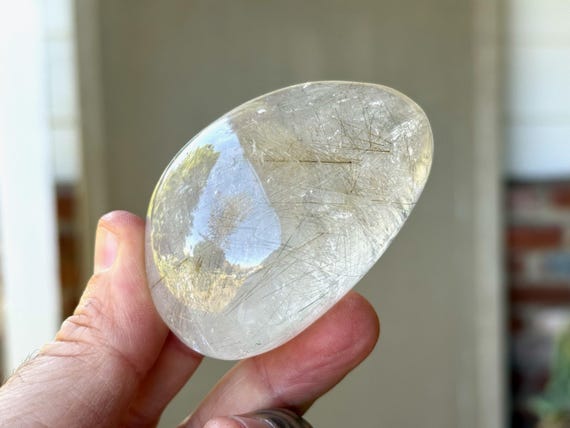Golden Rutile Quartz Palm Stone, 185g, Polished Quartz Dome Lens, Conductor Amplifier, Bahia, Brazil V156