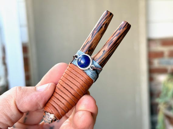 Double Kuripe with Lapis Lazuli, Traditional Shamanic Applicator Pipe, Handcrafted from Coconut Wood