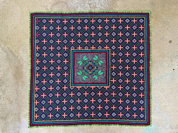 Shipibo Manta Cloth, Handmade in the Peruvian Amazon, 30" x 29," Embroidered Shamanic Mesa Cloth for Ceremony, Artist Laura Rengifo