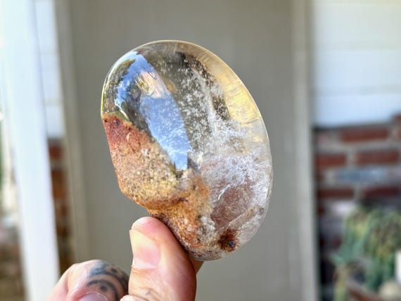 Lodolite Quartz Lens, Water Clear, 194g, Polished Garden Quartz Palm Stone, Nature Spirits & Purification, Minas Gerais, Brazil V155