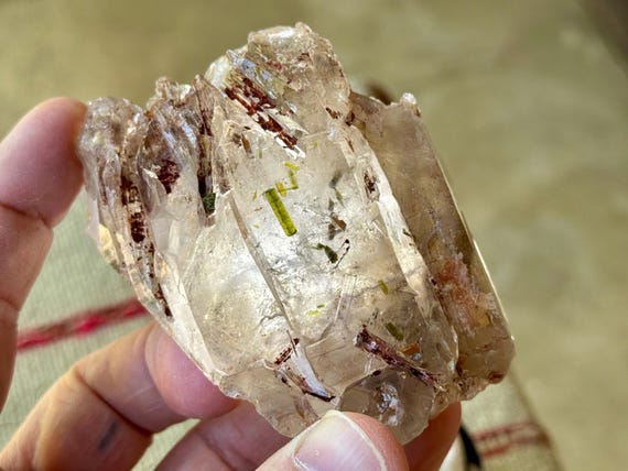 Smoky Quartz with Red Epidote & Green Tourmaline Inclusion, 224g, New Find, Growth Interference Crystal, Minas Gerais, Brazil X571
