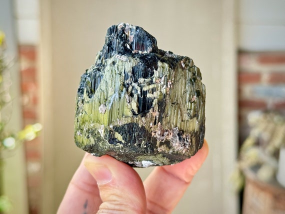 Green Tourmaline with Cat's Eye Iridescence and Black Tourmaline Core, 299g, New Find, Heart Chakra, Heart Healer, Minas Gerais, Brazil W100